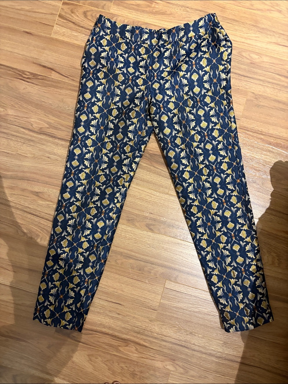 Maje Navy and Gold Floral Jacquard Pants